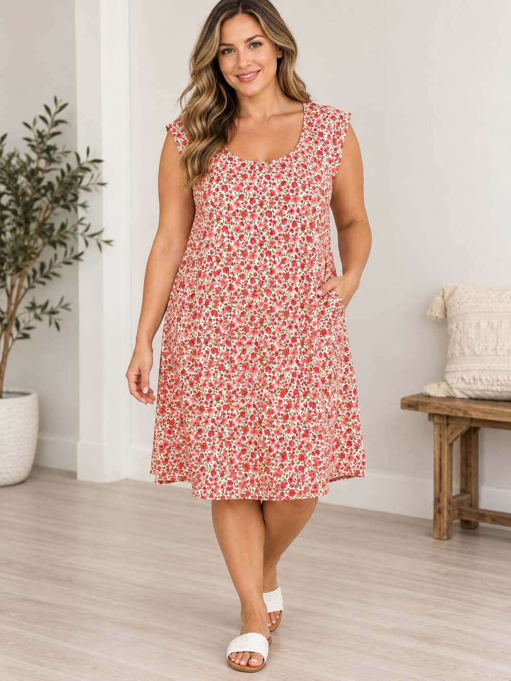 Old Navy Scoop Neck Mini Dress Size XXL Red Ditsy Floral Sundress